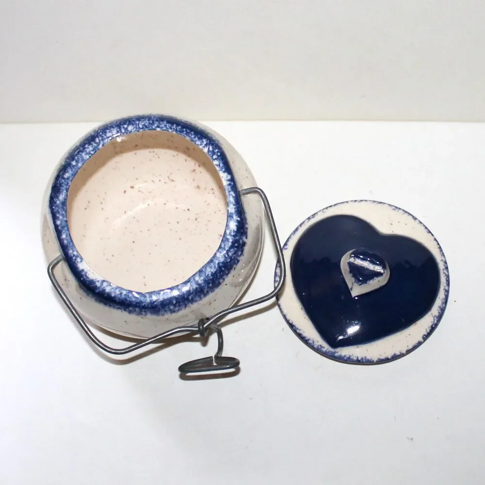 Crock w Locking Lid Tilted Blue Heart canister ceramic farmhouse kitchen decor